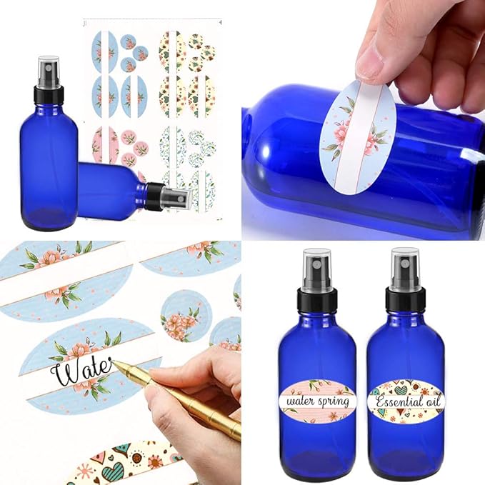 STARSIDE 16 Pack 120 ml 4oz Blue Glass Spray Bottles with Fine Mist Sprayer & Dust Cap for Essential Oils, Perfumes,Cleaning Products.Included 1 Brush,2 Funnels,2 Droppers & 18 Labels.