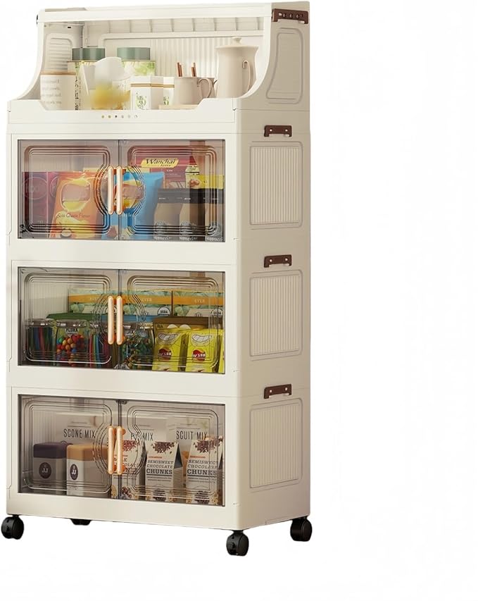 174QT Stackable Storage Bins with Lids & Rack, 4 Tier Large Capacity Foldable Storage Cabinet, Clear Collapsible Pantry Organizer for Home, Kitchen, Bathroom, Dorm, Office
