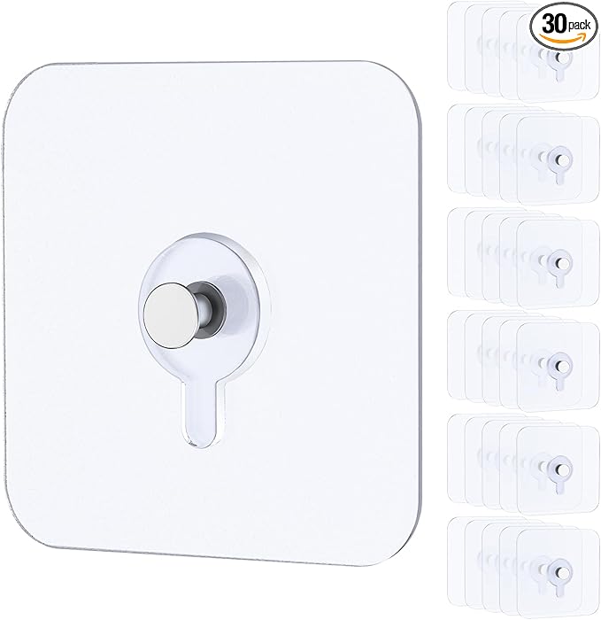 Uniclife 30 Pcs Self Adhesive Picture Hooks 40 lbs Load No Drill Screw Stickers 2.64" Heavy Duty Picture Hangers Without Nails Wall Hooks for Hanging Waterproof Frame Hangers Sticky Hooks for Bathroom