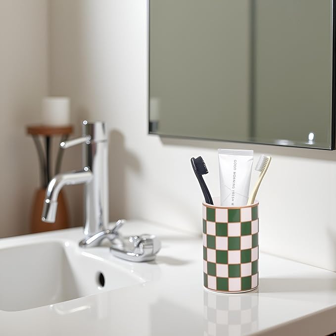 Bathroom Toothbrush Holder Set, Ceramic Checkered Soap Dispenser and Tooth Brush Holder Set, Modern Bathroom Accessories Sets Countertop, Black and White Checkered Bathroom Decor Set (Green)