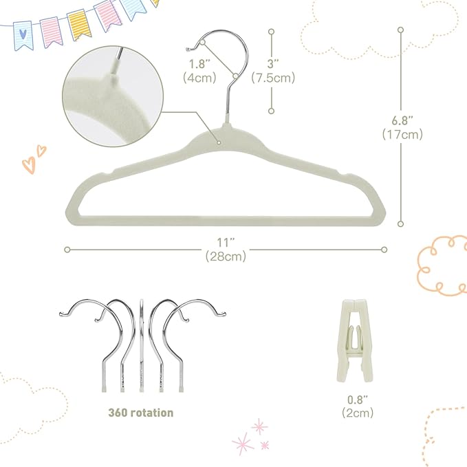 Velvet Baby Hangers with Clips (30 Pack) | 11” Ultra-Slim Baby Clothes Hangers | Non-Slip Felt | Space-Saving Nursery & Infant Closet Organizer | Beige