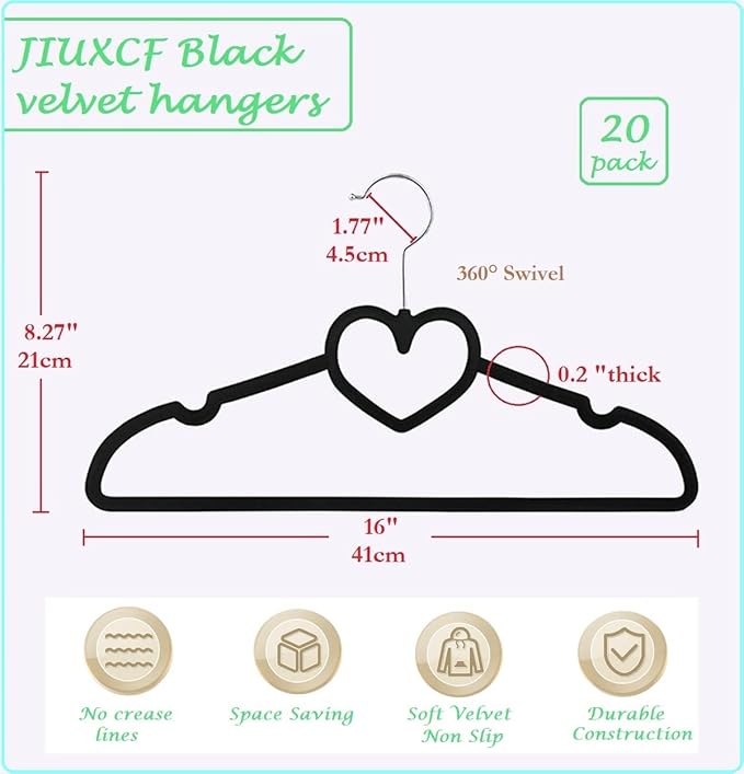 Velvet Hangers 20 Pack, 16" Non Slip Adult Hangers, Slim Clothes Hanger with 360 Degree Swivel Hook - Durable & Cute for Coats, Shirts, Dress (Black)