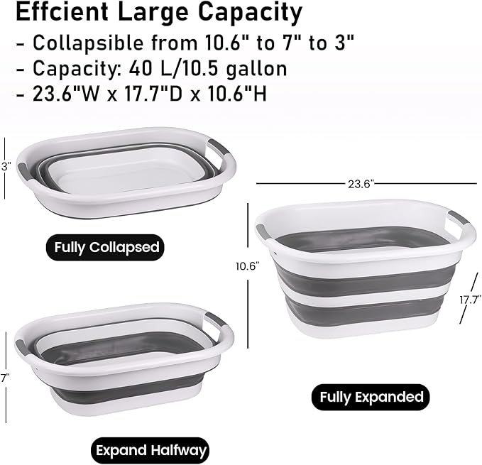 Collapsible Laundry Basket 40L(10.5 Gallon) – Plastic Foldable Pop-Up Hamper with 2 Grip Handles for Dorm Bedroom Bathroom