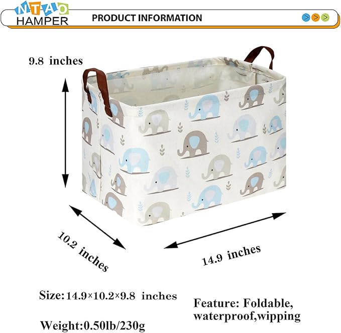 Rectangular Blue Elephant Storage Basket,Collapsible Gift Basket with Handles,Books Box,Room Decor(Blue Elephant)