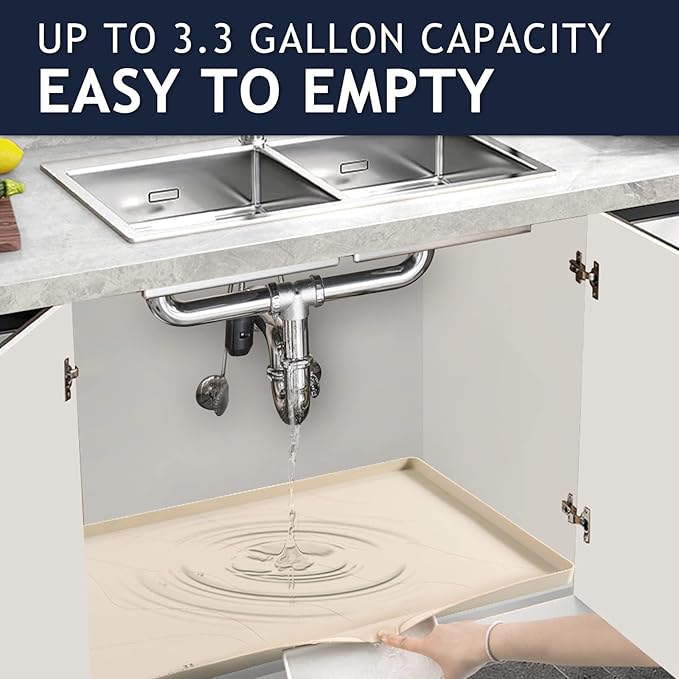 Heavy Duty Silicone Under Sink Mat for Kitchen&Bathroom 25" x 19",Waterproof Under Sink Rubber Mat Drip Tray, Raised Edge Under Sink Liner,Prevent Drips, Leaks, Spills,Beige