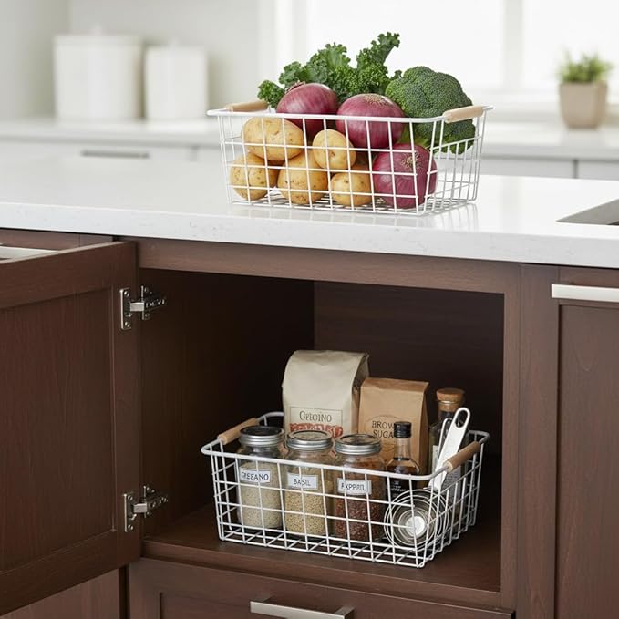 Metal Wire Food Storage Basket Organizer with Wooden Handles for Organizing Kitchen Cabinets 6 Pack (White, Medium)
