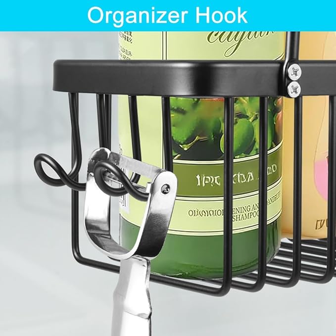 Kalekey Shower Hanging Caddy, No Drill Shower Shelf, Heavy Duty Aluminum Organizer Basket, Bathroom Storage for Shampoo, Soap & Toiletries, Black