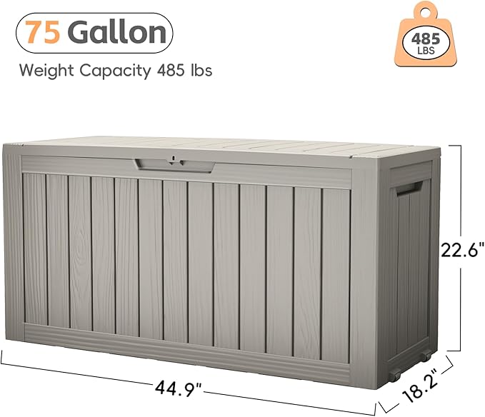 Outdoor Storage Box, 75 Gallon Waterproof Resin Deck Box, Storage Bin for Package Delivery, Patio Furniture Cushion, Garden Tools, Pool Accessories, Weatherproof and UV Resistant, Grey