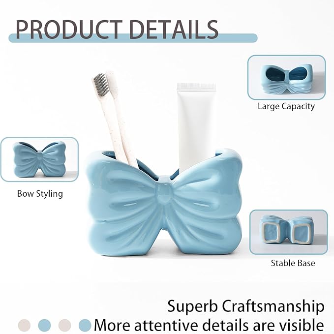 Bow Toothbrush Holder， 2-Slot Toothbrush and Toothpaste Holder Cute Toothbrush Holder Set, Bathroom Counter Organizer for Bathrooms, Floss, Razors - Blue