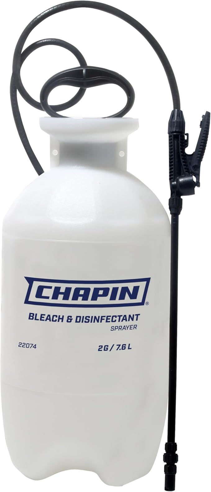 Chapin 22074 Bleach Pump Sprayer, 2‑Gallon, Lawn & Garden, Bleach‑Resistant Poly Tank, Funnel‑Top, Anti‑Clog Filter, Adjustable Cone Nozzle, 40" Hose for Cleaning, Mold & Disinfecting Applications