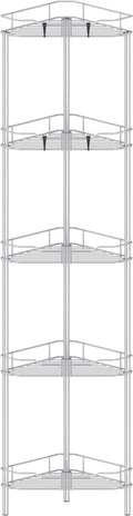 5 Tier Floor Standing Corner Shower Caddy Organizer Shelf with Hooks, Bathroom Shelves Stand Rack, Silver