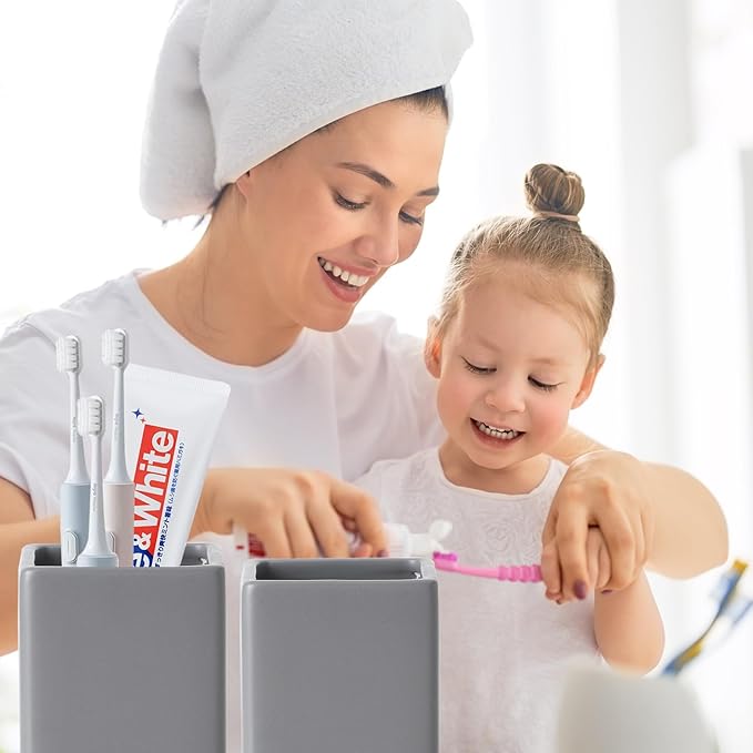 Grey Square Toothbrush Holders - Ceramic Toothbrush Holders for Bathrooms, Toothbrush Toothpaste Holders, Marble Bathroom Tumbler Cups Reusable Toothbrush Mouthwash Cup, Bathroom Counter Organizer