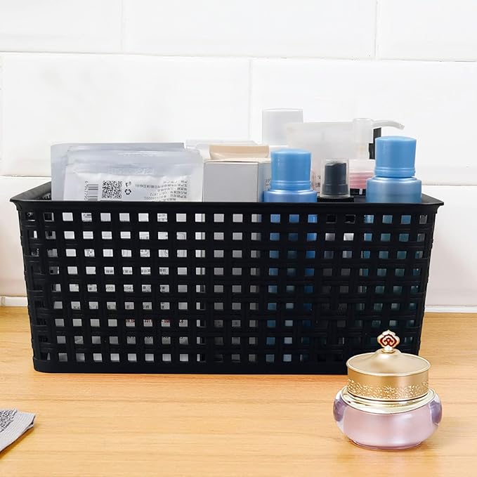 Obstnny Plastic Weave Storage Basket 4 Pack, Kitchen Pantry Organzing Basket Bin, Black