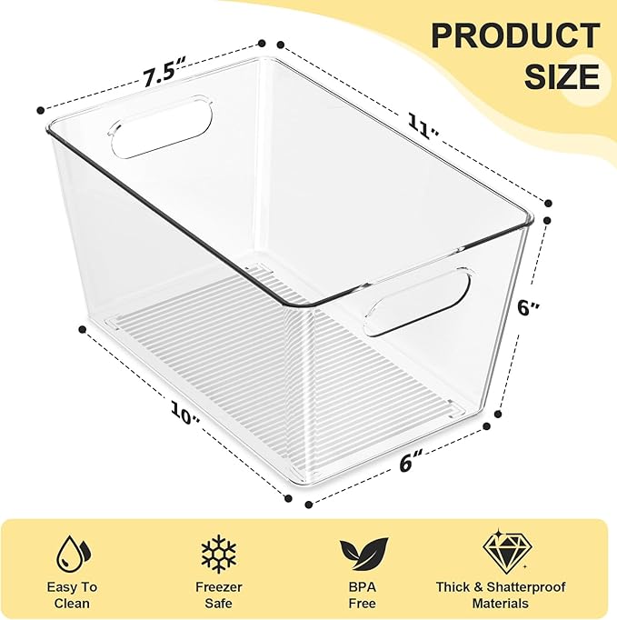 Joymeezo 8 Pack Large Clear Plastic Storage Bins, Refrigerator Cabinet Organizers with Handles for Pantry Organization and storage, Perfect for Home Organization, Kitchen, Laundry, Office& Garage