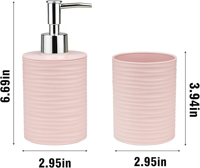 Bathroom Accessories Set, 2-Piece Pink Soap Dispenser & Toothbrush Holder with Ripple Texture & Rust-Proof Pump, Modern Matte Organization