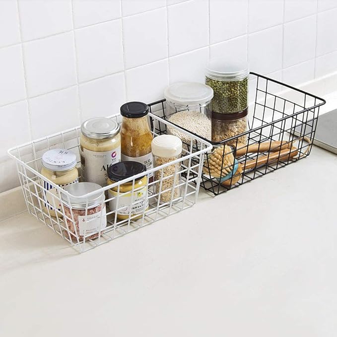Metal Wire Storage Basket with Handles for Kitchen Food Pantry Papers Home Office Desk Shelf Bathroom Laundry Room Shelf Bedroom Bed Room, 2PCS (Black)