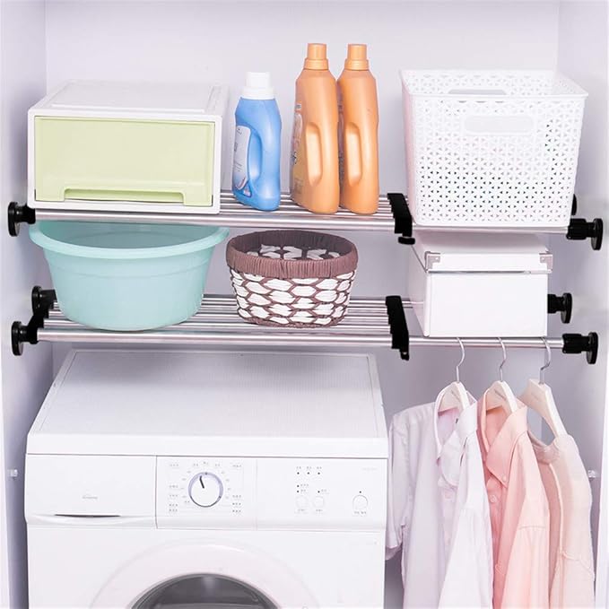 BAOYOUNI Adjustable Closet Shelf Expandable Shelves Tension Rod Hanger Space Saving Storage Rack Organizer Divider for Wardrobe, Cupboard, Kitchen, Bathroom Use, Black, 2 Pack