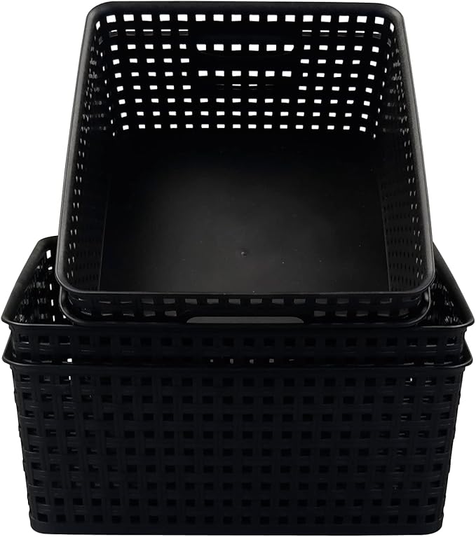 Obstnny Plastic Weave Storage Basket 4 Pack, Kitchen Pantry Organzing Basket Bin, Black