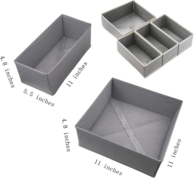 Drawer Organizer Set of 4 Light Grey - Fabric Storage Bins for Clothes, Underwear, Socks & Bras - 11" Dresser Dividers for Bedroom Closet