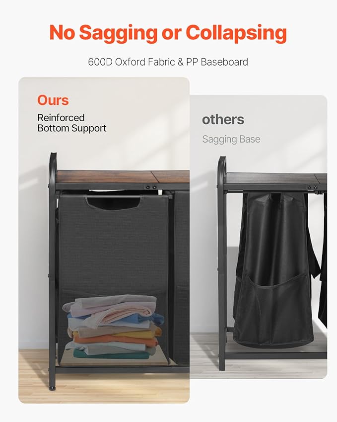 VEVOR 2 Section Laundry Sorter, Large Laundry Hamper with Metal Frame and Wooden Tabletop, Freestanding Storage Organizer Baskets with Pull-Out 600D Oxford Cloth Bags for Dirty Clothes, Bathroom