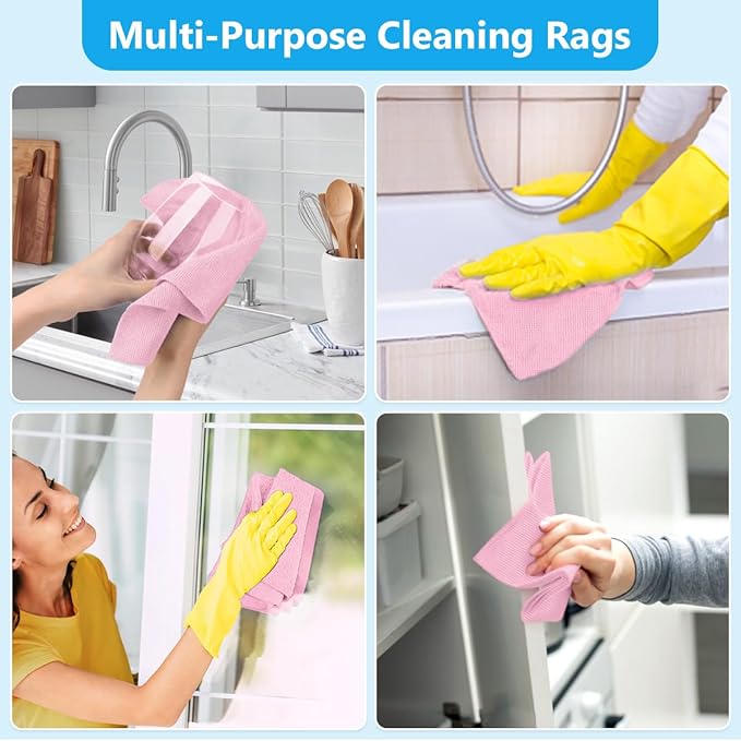 GLIMGLINT Pink Microfiber Cleaning Cloth, 100 Pack Cleaning Rags, Lint-Free, Ultra Absorbent Reusable Paper Towels for Home, Kitchen, Car, Garage or Shop, Dish Rags, 11" x 9"