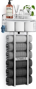 Towel Racks for Bathroom - Wall Mounted Metal Rack with Wood Plank, Bathroom Storage Organizer, Towel Holder Stores 6 Large Rolled Towels Easily, Silver with White Plank