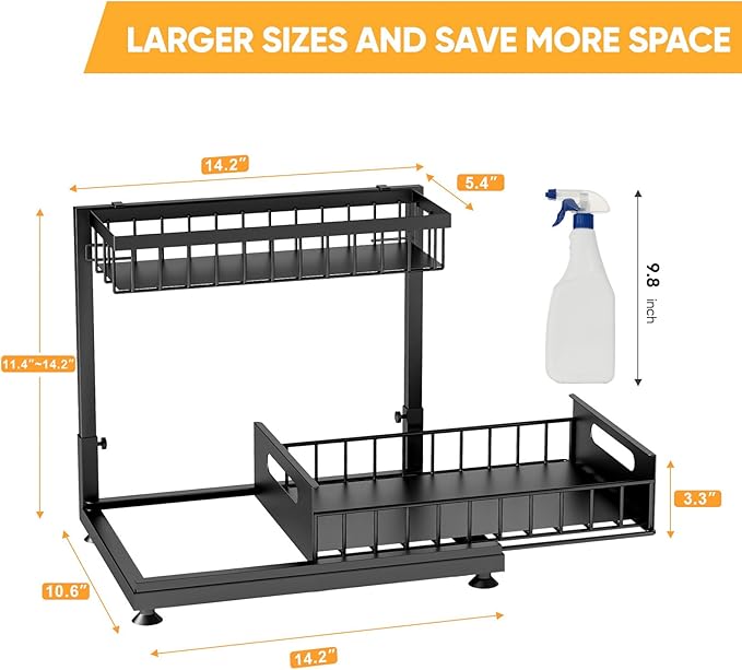 Under Sink Organizer Storage 2-Tier Premium Metal Pull-Out Kitchen Cabinet Organizer with Sliding Drawer, Height Adjustable, Heavy Duty for Kitchen & Bathroom Organizers 2 Pack Black