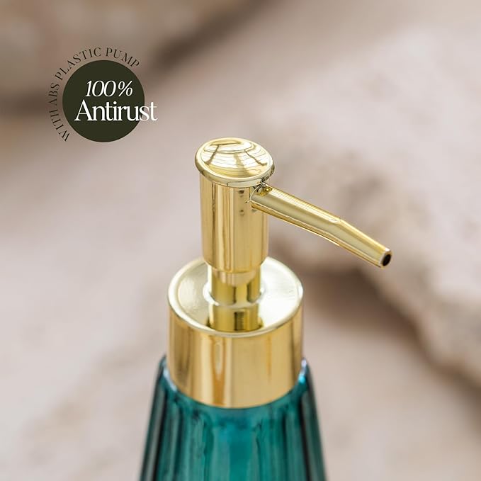 EMPO Vintage Elegant Glass Soap Dispenser, Liquid Soap/Sanitizer/Shampoo Bottle with Golden ABS Pump, Rustic Farmhouse Decor Hand Soap Dispenser Bathroom Accessories (Ocean Teal)