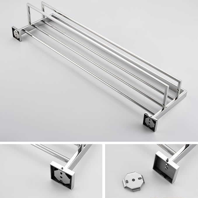 KOKOSIRI 32'' Bathroom Towel Shelf Chrome Towel Rack with Two Bath Towel Bars SUS304 Stainless Steel Wall Mounted, Polished Finish B6003CH-L32