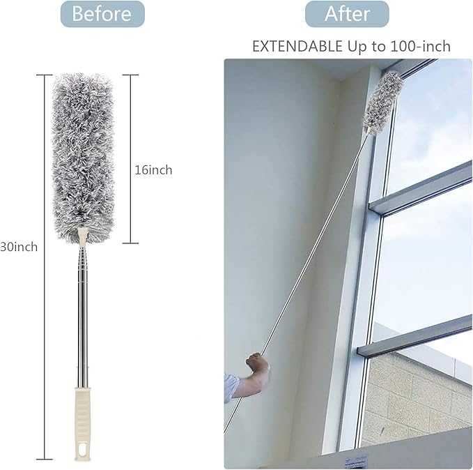 Microfiber Duster with Extension Pole(Stainless Steel) 30 to 100'', with Bendable Head, Extendable Long Duster for Cleaning Ceiling Fan, High Ceiling, Keyboard, Furniture Cars Gray