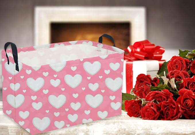 Sanjiaofeng Rectangular Valentine's Day Basket Love Storage Bins,Girls Storage Basket with Handles.Clothers,Books,Kid's Gifts Bins. (Pink Valentine's Day)