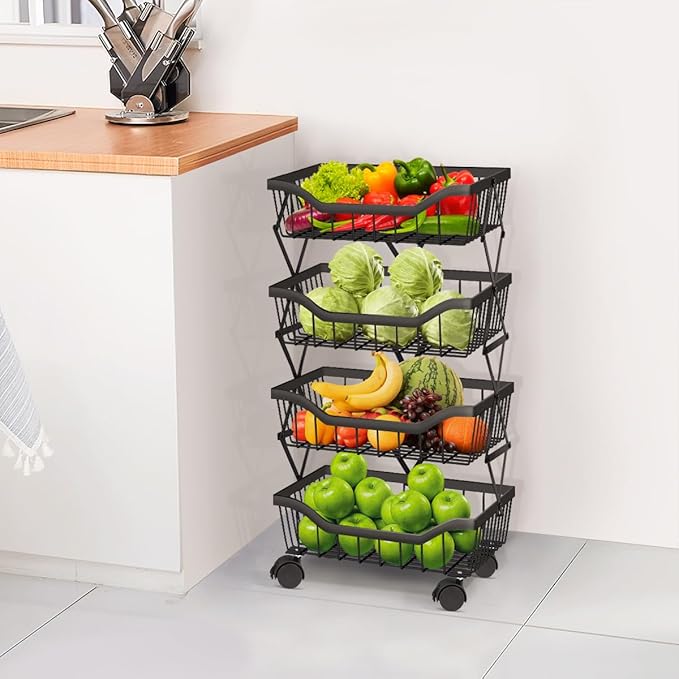 Fruit Basket for Kitchen 4 Tier Stackable Fruit Vegetable Storage Baskets with Wheels Metal Wire Storage Basket Organizer Cart for Kitchen Livingroom Diningroom Office, Black