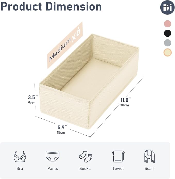 DIMJ Drawer Organizer Clothes - Underwear Organizer Small Sock Organizer Closet Organizers and Storage Box Dresser Drawer Dividers for Baby Clothes,Bra,Socks, Belt, Tie, Set of 6,Beige