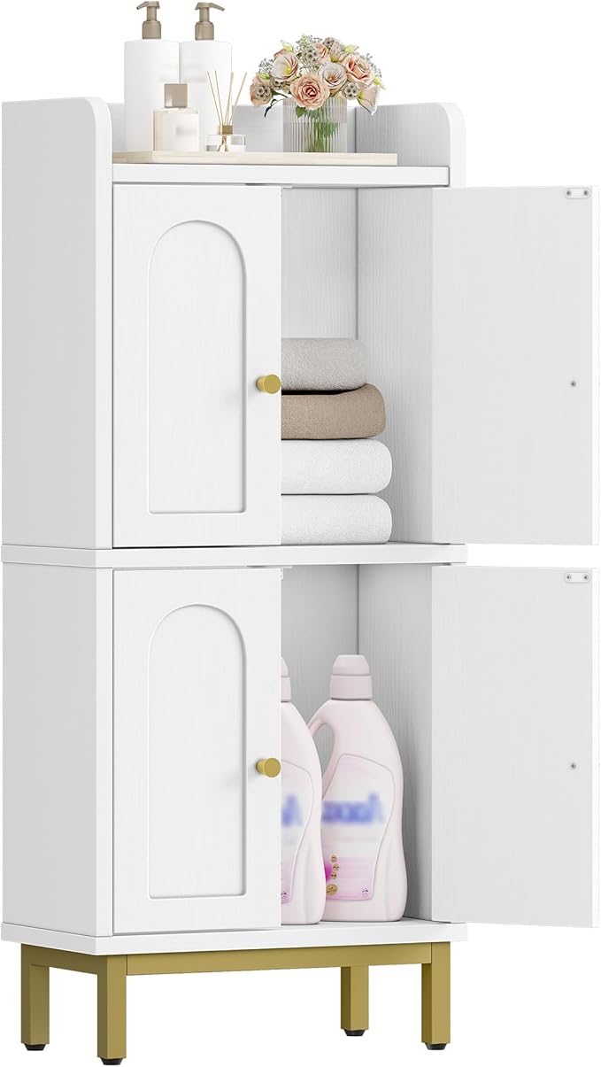 Bathroom Cabinet, Small Storage Cabinet with 4 Doors, Bathroom Organizers and Storage Cabinets with Adjustable Feet. Cabinets Freestanding for Living Room, Kitchen, 7.1"D x 14.6"W x 32.7"H