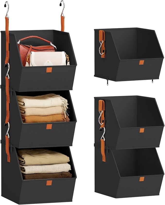 Collapsible Hanging Closet Organizer - 3 Tier Closet Shelves Storage System with Hooks, Fabric Hanging Storage Bins for Clothes, Foldable Storage Basket for Laundry, Bedroom, Rv, Black
