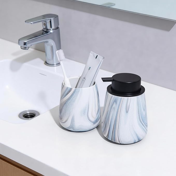2Pcs Toothbrush Holder for Bathroom - Marble Blue Ceramic Tooth Brushing Holders Set, Toothbrush Cup & Toothpaste Organizer for Bathroom Countertop, Makeup Brush Holder, Pen Holder for Home Storage