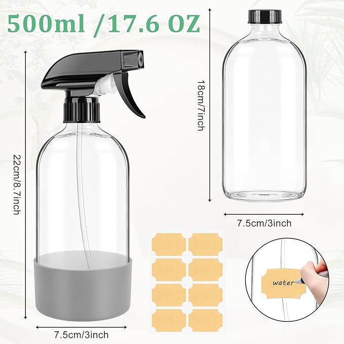 Glass Empty Spray Bottles 3 Pack, 17 oz/500 ml Glass Spray Bottles for Cleaning, Plants, Essential Oils, Hair Care, Refillable Empty Spray Bottle with Adjustable Nozzle for Squirt and Mist