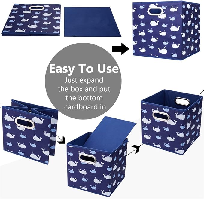 Fabric Cube Storage Bins Whale10.5x 10.5 x 11 in Foldabe Navy Blue Storage Cubes Folding Cloth Storage Cubes Boxes Collapsible Cube Inserts Storage Baskets Drawer for Cube Organizer Closet QY-SC11-6