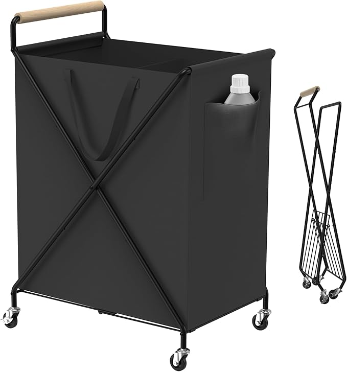 Foldable Metal Laundry Basket with Wheels, 2-Section Rolling Laundry Hamper, 37 Gallons (140L), Only 4LB, Removable Liner, Steel Frame with Handle