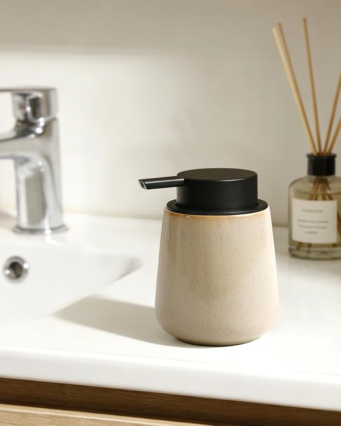BosilunLife Hand Soap Dispenser - Ceramic Dish Soap Dispenser for Bathroom 12ounce Refillable Liquid Hand Wash Dispenser for Essential Oil, Lotion Soap, Greige with Speckle