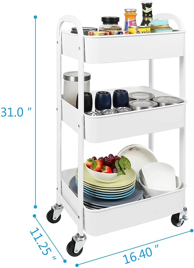MAX Houser 3-Tier Rolling Utility Cart with Caster Wheels,Easy Assembly, for Kitchen, Bathroom (White)