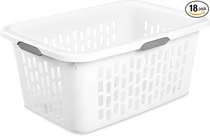 Sterilite Laundry Basket, Plastic Clothes Hamper, Large Rectangle Bin with Comfort Grip Handles and Reinforced Rim, 2 Bushel Capacity, White, 18 Pack