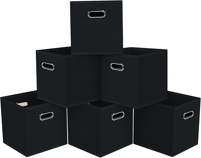 Black Foldable Storage Cubes Bins, Fabric Storage Box Cubes Organizer Baskets with Dual Handles for Home Organizer,Set of 6,(Black)