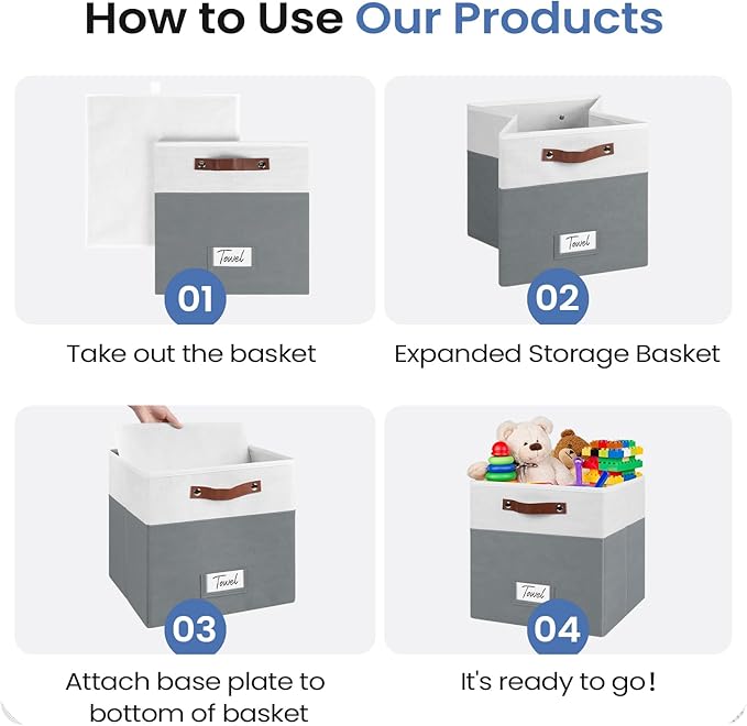 6-Pack Storage Cubes with Handles & Label Holders Basket, Closet Cube Home Organizer Bins(White/Dark Grey, 13 x 13 x 13 inch)