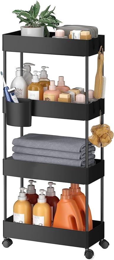 Pipishell Slim Storage Cart with Wheels - Bathroom Cart Organizer Storage, 4 Tier Rolling Carts for Bathroom, Laundry Room, Kitchen, Narrow Space, Black PIUC05