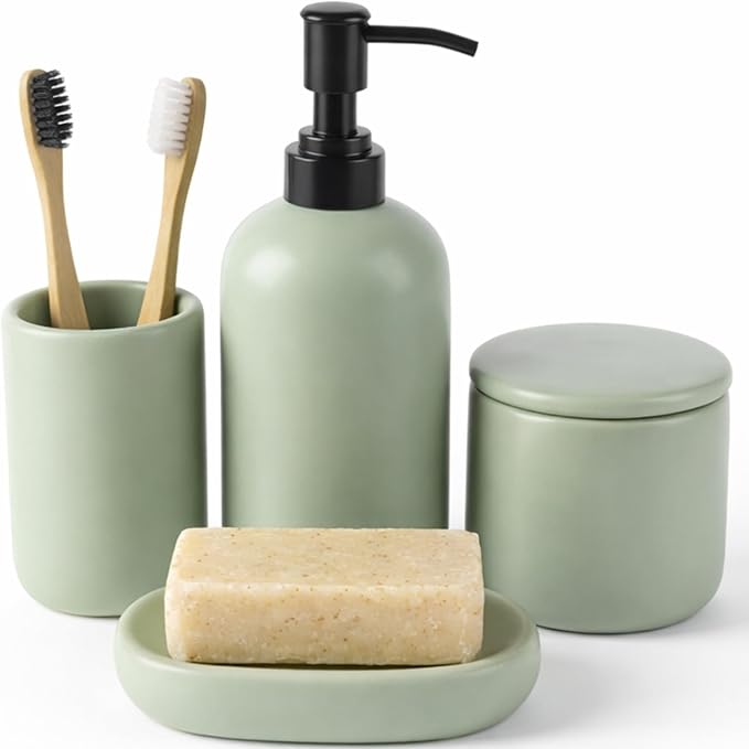 Ceramic Bathroom Accessories Set 4 Pcs – Modern Scandinavian Neutral Bathroom Soap Dispenser Set with Toothbrush Holder, Soap Dish & Cup – Minimalist Bathroom Accessory Set Decor - Sage Green