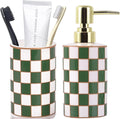 Bathroom Toothbrush Holder Set, Ceramic Checkered Soap Dispenser and Tooth Brush Holder Set, Modern Bathroom Accessories Sets Countertop, Black and White Checkered Bathroom Decor Set (Green)