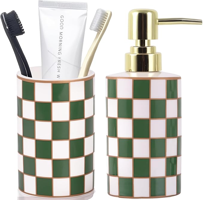 Bathroom Toothbrush Holder Set, Ceramic Checkered Soap Dispenser and Tooth Brush Holder Set, Modern Bathroom Accessories Sets Countertop, Black and White Checkered Bathroom Decor Set (Green)