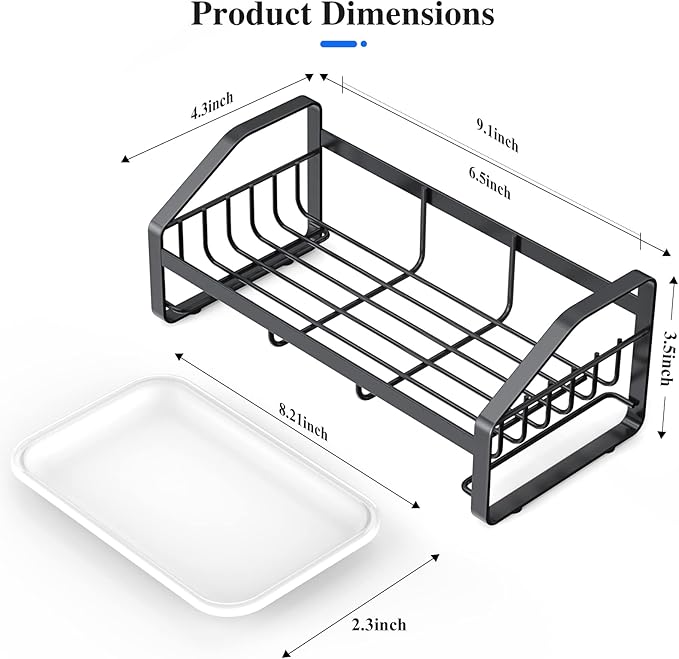 Sink Caddy, Sponge Holder for Kitchen and Bathroom, 304 Stainless Steel Countertop Organizer Soap Tray With Removable Drain Tray - Black Length Version