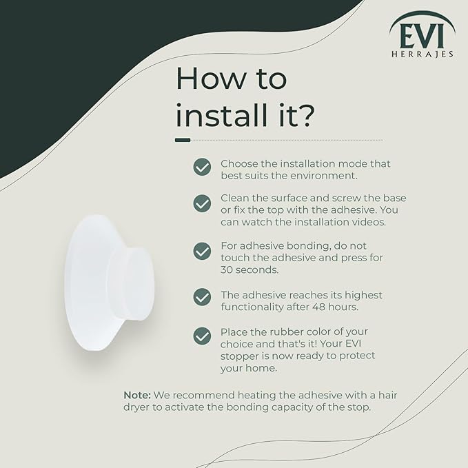 Evi Herrajes | Adhesive Door Stop | Wall Mounting | 1.57x0.59 | White Lacquered Stainless Steel | Conical Shape | Two Rubbers Included | Adhesive or Screw Installation